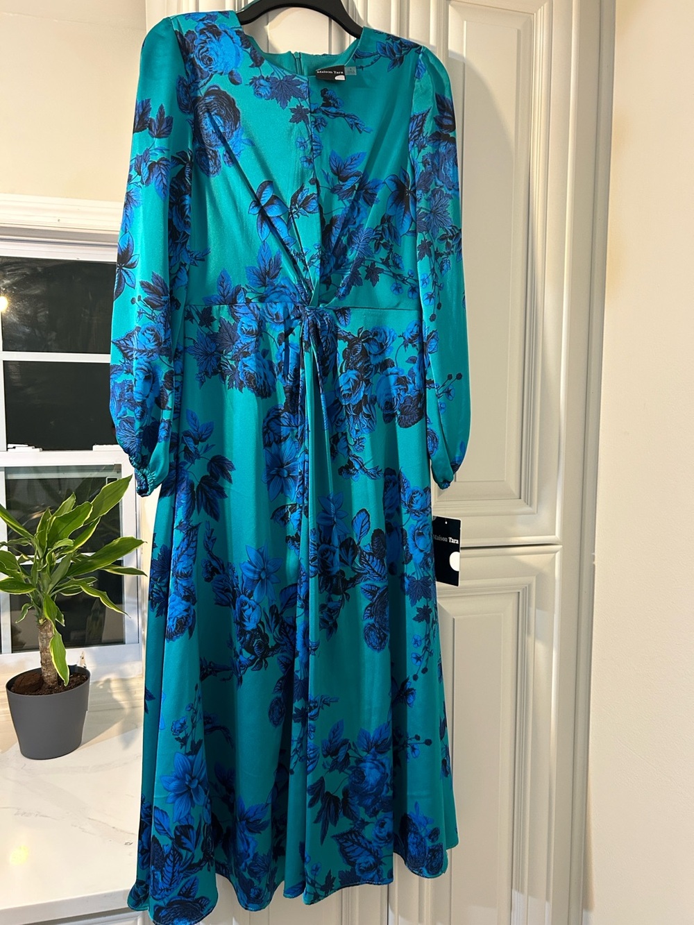 Maison Tara Teal and Royal Blue Floral Tie-Front Midi Dress